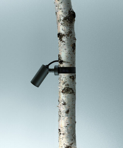 CCTV-shaped tube lights by 'quick lighting' can be strapped to trees