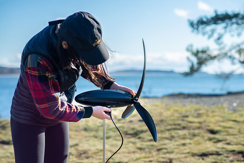 shine is a portable wind turbine about the size of a 1L water bottle