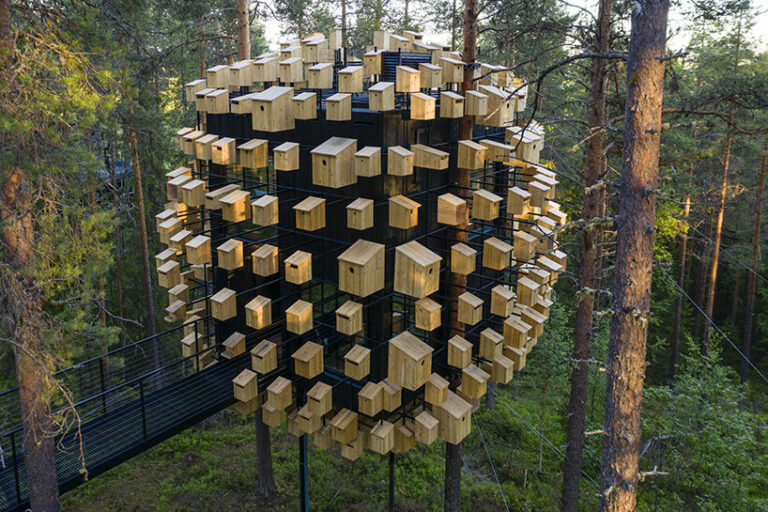 bjarke ingels' 'biosphere' treehouse hotel floats among 350 birdhouses