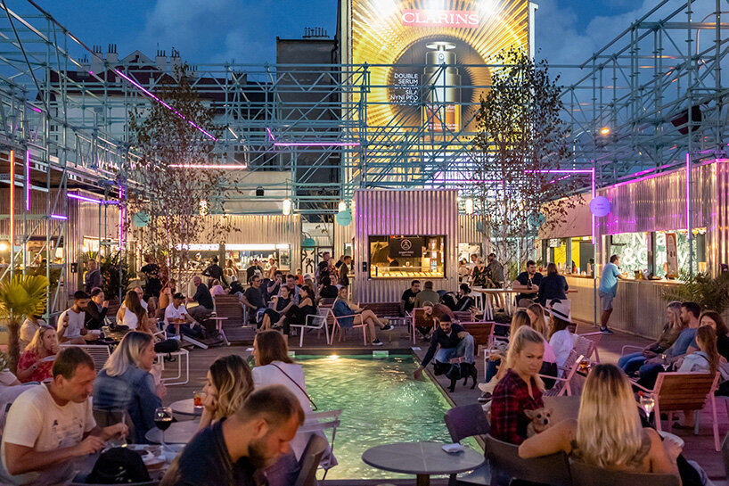 blue scaffolding characterizes CHYBIK + KRISTOF's manifesto andel in prague