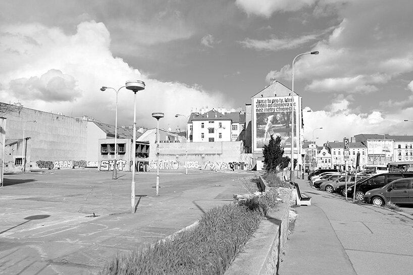 blue scaffolding characterizes CHYBIK + KRISTOF's manifesto andel in prague