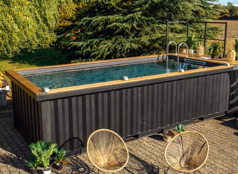 french company turns shipping containers into durable, low-maintenance swimming pools