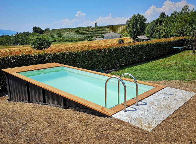 french company turns shipping containers into durable, low-maintenance swimming pools