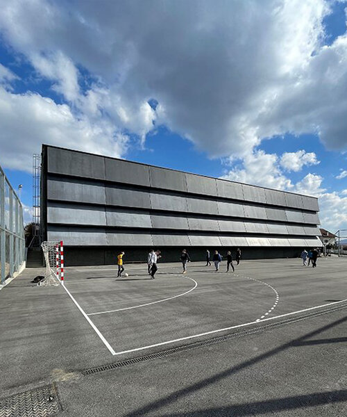 slanted prefab concrete panels front the zlatar bistrica sports hall in croatia