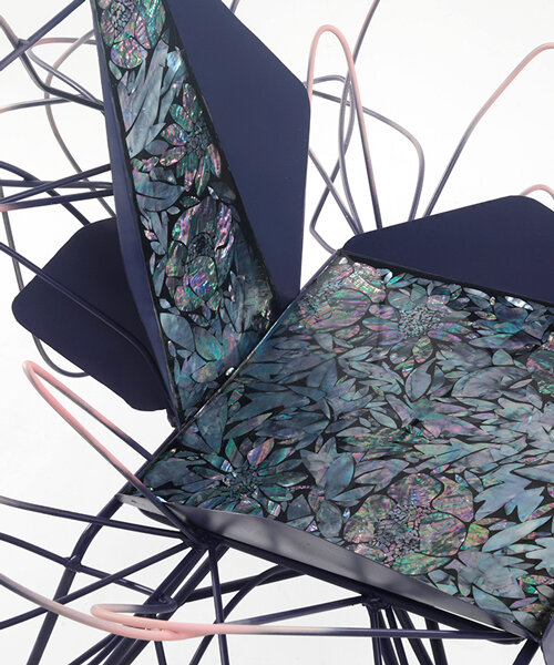 yejoong choi's swirling metal chairs are shaped like butterflies on a river