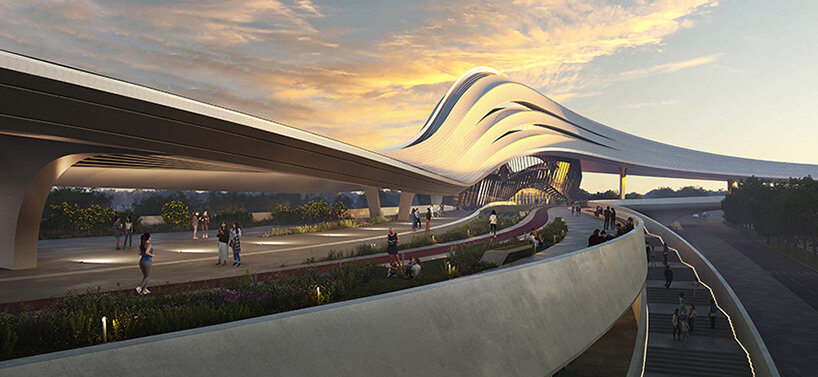 zaha hadid architects' winning entry for jinghe echoes a naturally eroded river valley