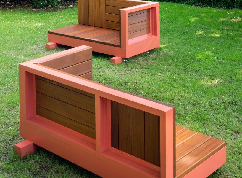 andrea zittel created five bench sculptures in soft red to gather people at esters garden house