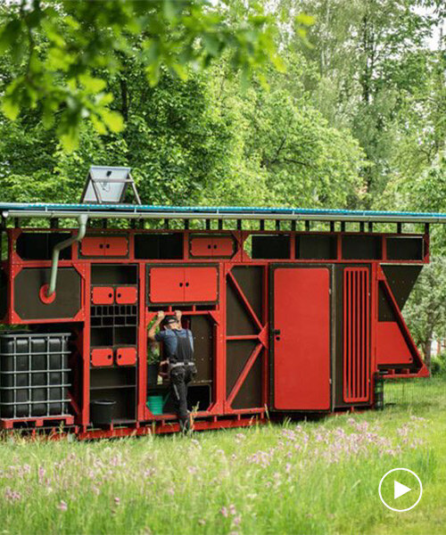 this bright red shed is a hybrid between a cabinet and a garden hut