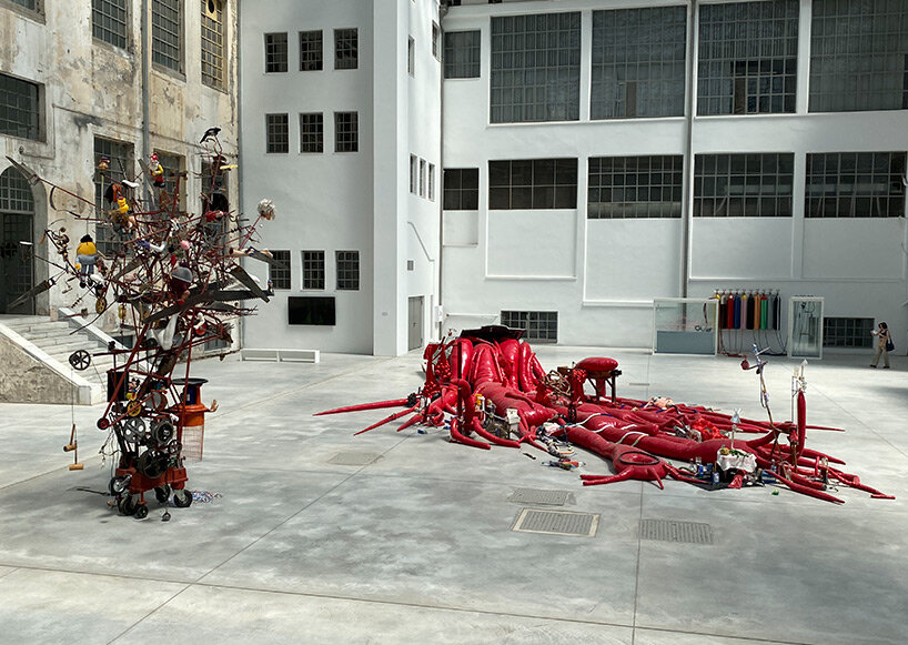 john bock's tentacle sculpture sprawls out of lincoln convertible at 'dream on' exhibition