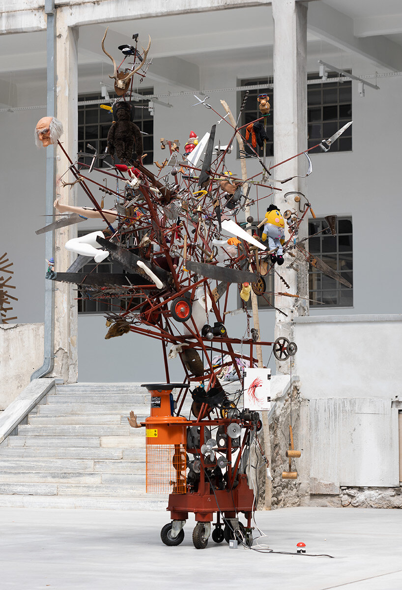 john bock's tentacle sculpture sprawls out of lincoln convertible at 'dream on' exhibition