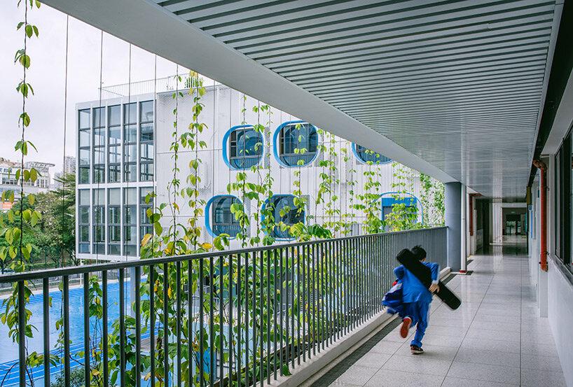 glass classrooms and learning terraces encourage interaction within PAO's school in shenzhen