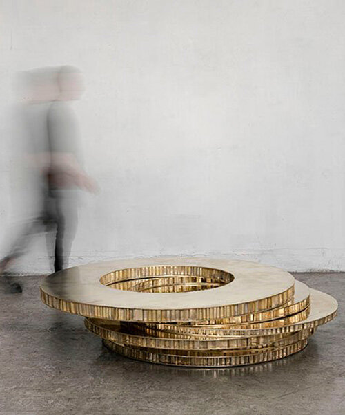 héctor esrawe renders aleatory textures of cardboard as a polished bronze coffee table