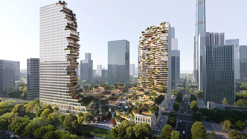 MVRDV envisions green oasis nestled between two L-shaped towers in nanjing, china