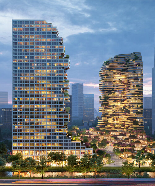 MVRDV envisions green oasis nestled between two L-shaped towers in nanjing, china