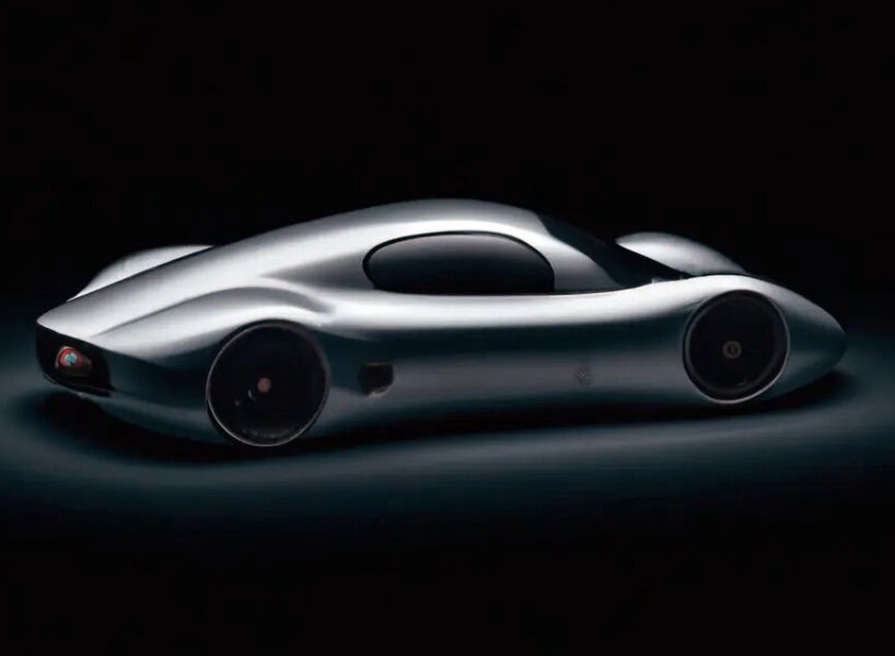 AI geproduceerd concept 'apple car' uit omschrijving 'minimalistische sportwagen geïnspireerd door macbook'
