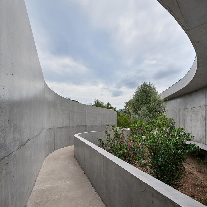 dominique coulon animu media library's concrete curves embrace the site's existing landscape in porto-vecchio