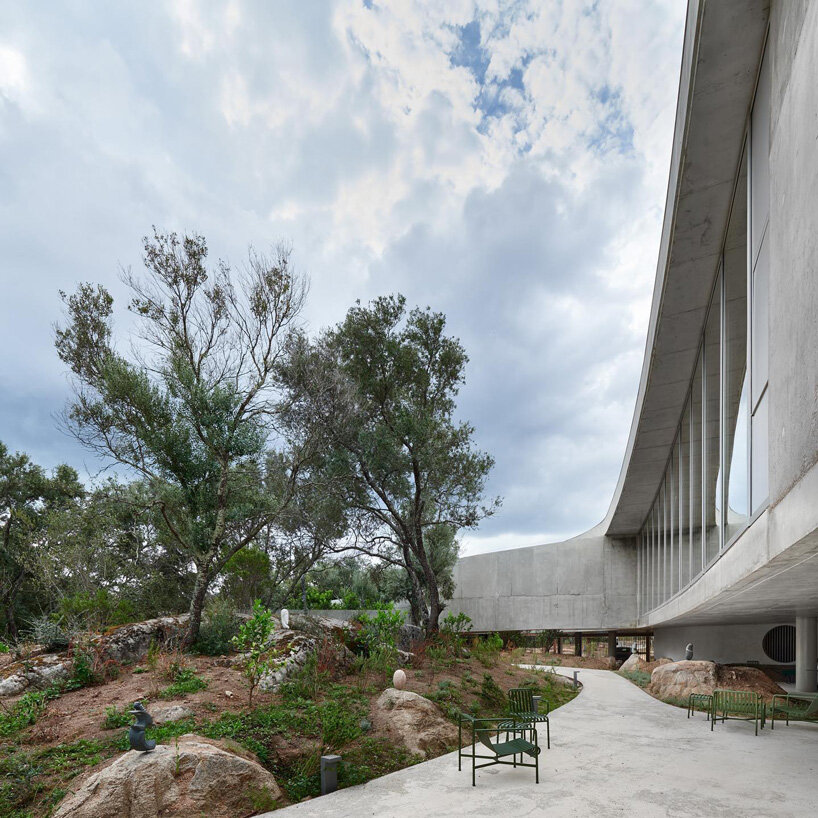 the concrete curves of the animu media library embrace the existing landscape of the porto-vecchio site