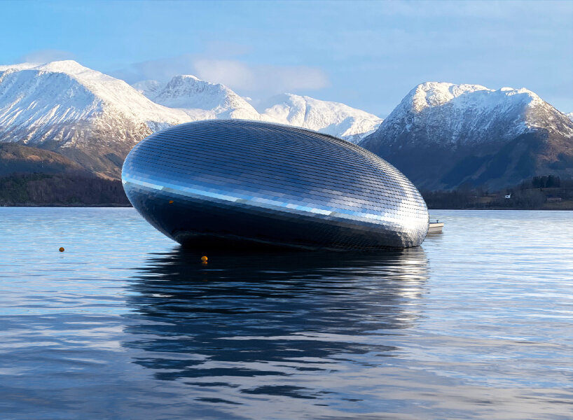 unveiled 'salmon eye' forum center floats in norway, accessible only by ferry