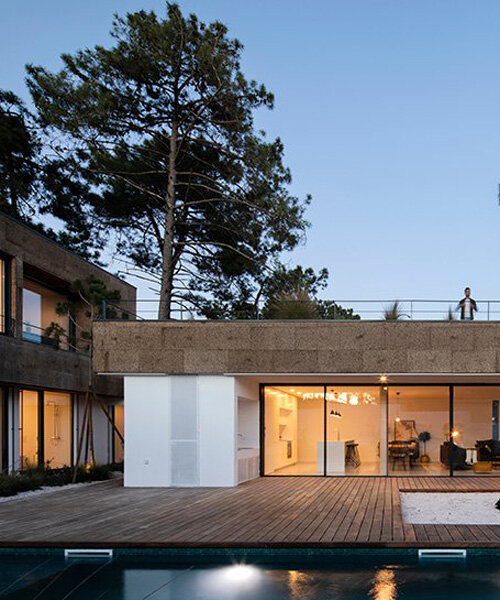 sustainable cork clad house camouflages into surrounding portuguese pine tree woodlands