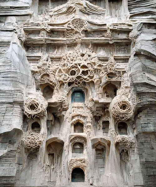 AI explorations of baroque architecture envision intricate façades made of silk and stone