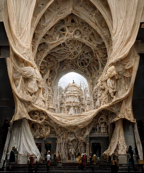 sculptural, AI-generated facades merge renaissance + baroque forms with fluid silk