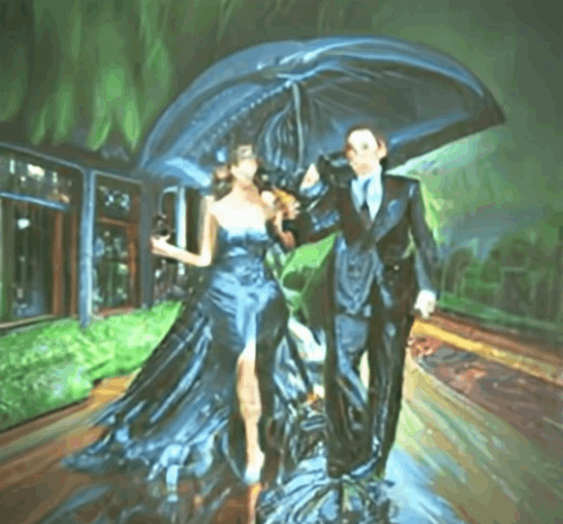 An oil painting of a couple in formal evening wear going home get caught in a heavy downpour with umbrellas