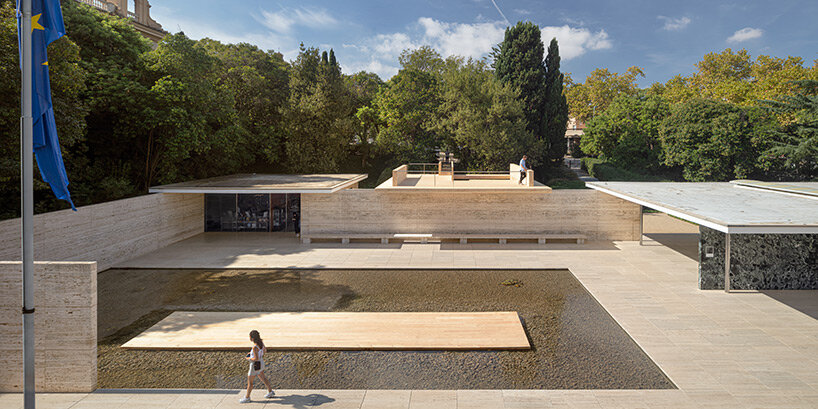 intricate timber installation 'mass is more' reinterprets mies van der rohe's barcelona pavilion