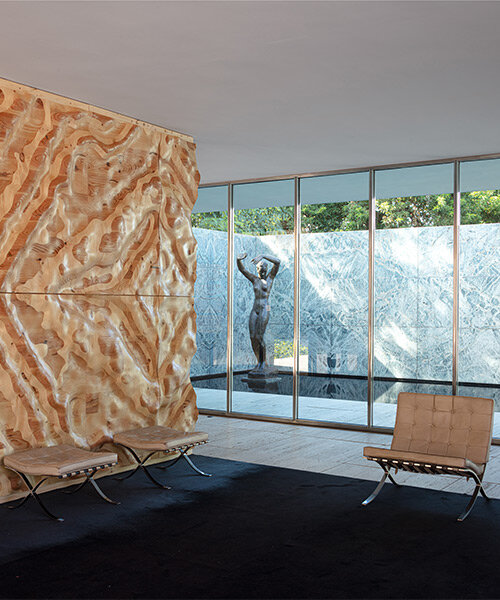 intricate timber installation 'mass is more' reinterprets mies van der rohe's barcelona pavilion