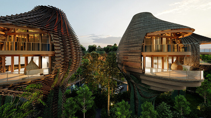 suspended nest villas cluster around a 'tree of life' in DNA's nature-oriented resort in mexico