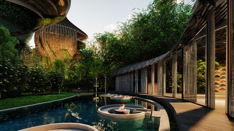 suspended nest villas cluster around a 'tree of life' in DNA's nature-oriented resort in mexico