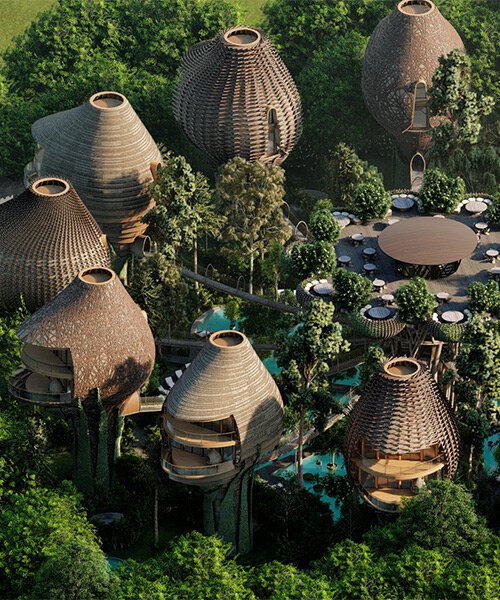 suspended nest villas cluster around a 'tree of life' in DNA's nature-oriented resort in mexico