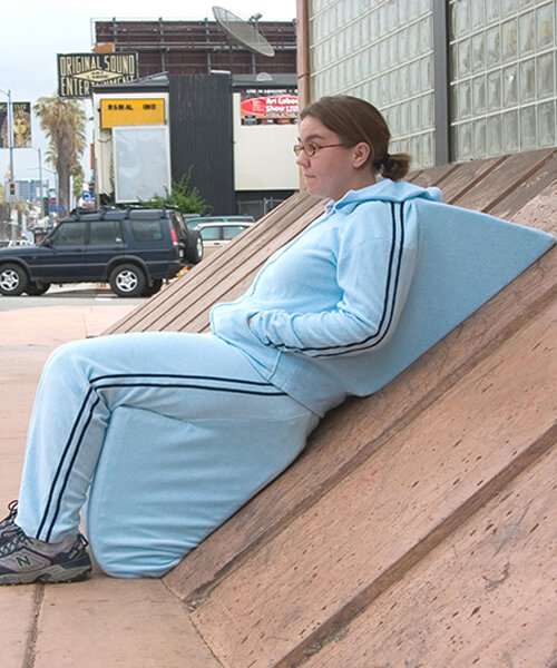 sarah ross defies hostile + inaccessible architecture with satirical jogging outfits