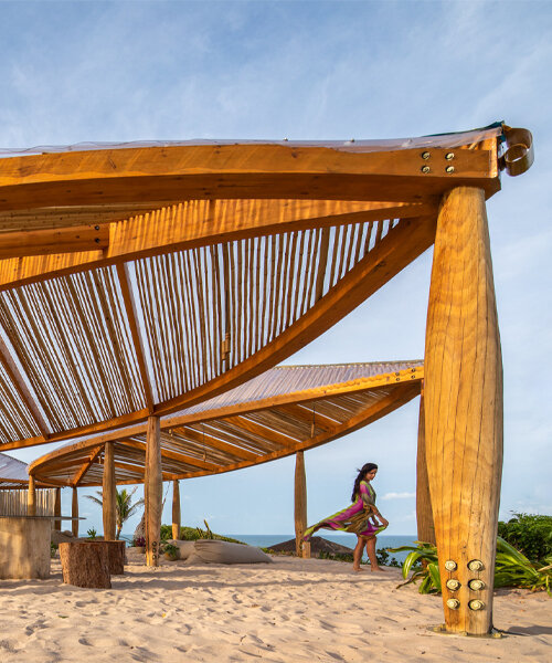 giant, leaf-shaped pergolas compose atelier daniel florez's beach pavilion in brazil