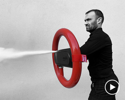 worn like a bright red shield, this fire extinguisher makes you feel like a superhero