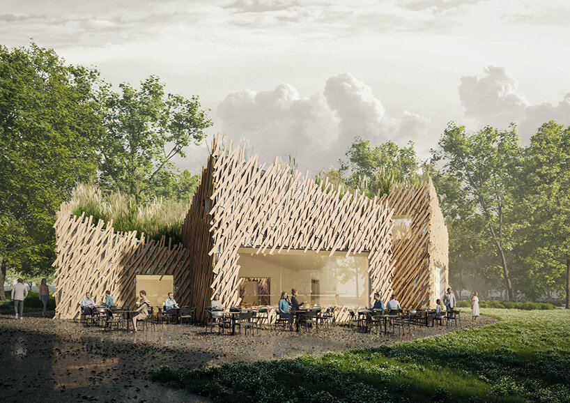 Ineinandergreifende Holzpaneele umhüllen den Pavillon der Architektengilde in der ländlichen Schweiz