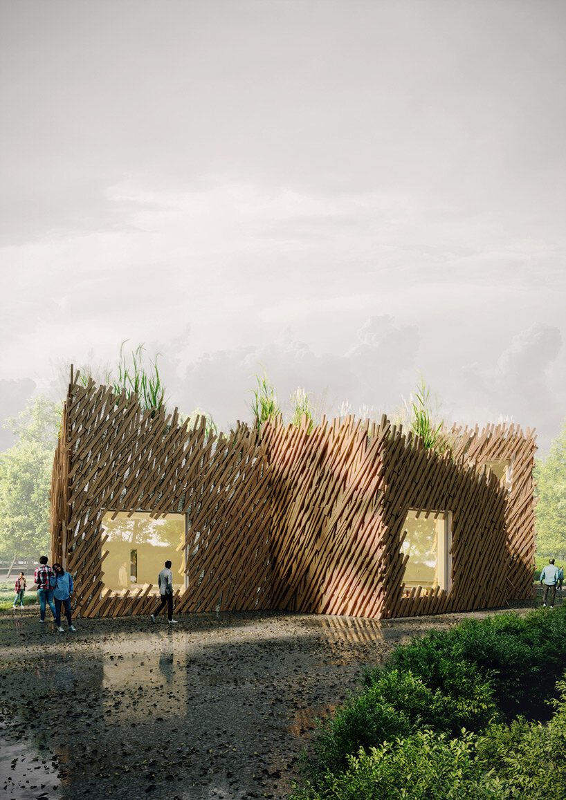 Ineinandergreifende Holzpaneele umhüllen den Pavillon der Architektengilde in der ländlichen Schweiz
