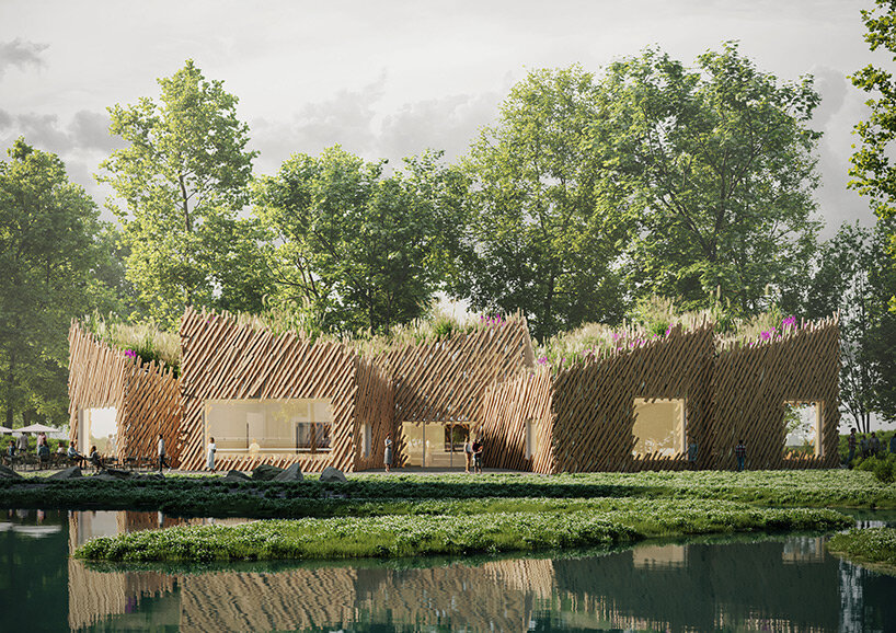 Ineinandergreifende Holzpaneele umhüllen den Pavillon der Architektengilde in der ländlichen Schweiz