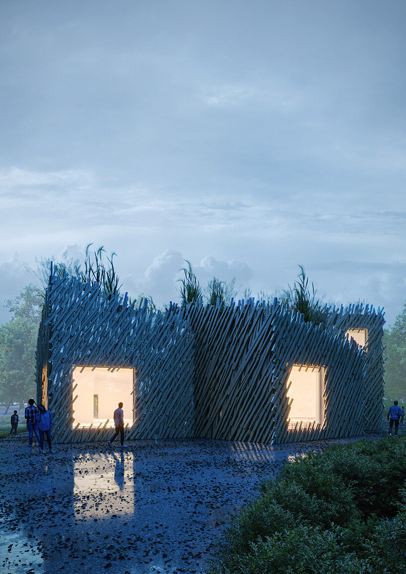 overlapping wooden slabs envelop syndicate architects' pavilion in rural switzerland