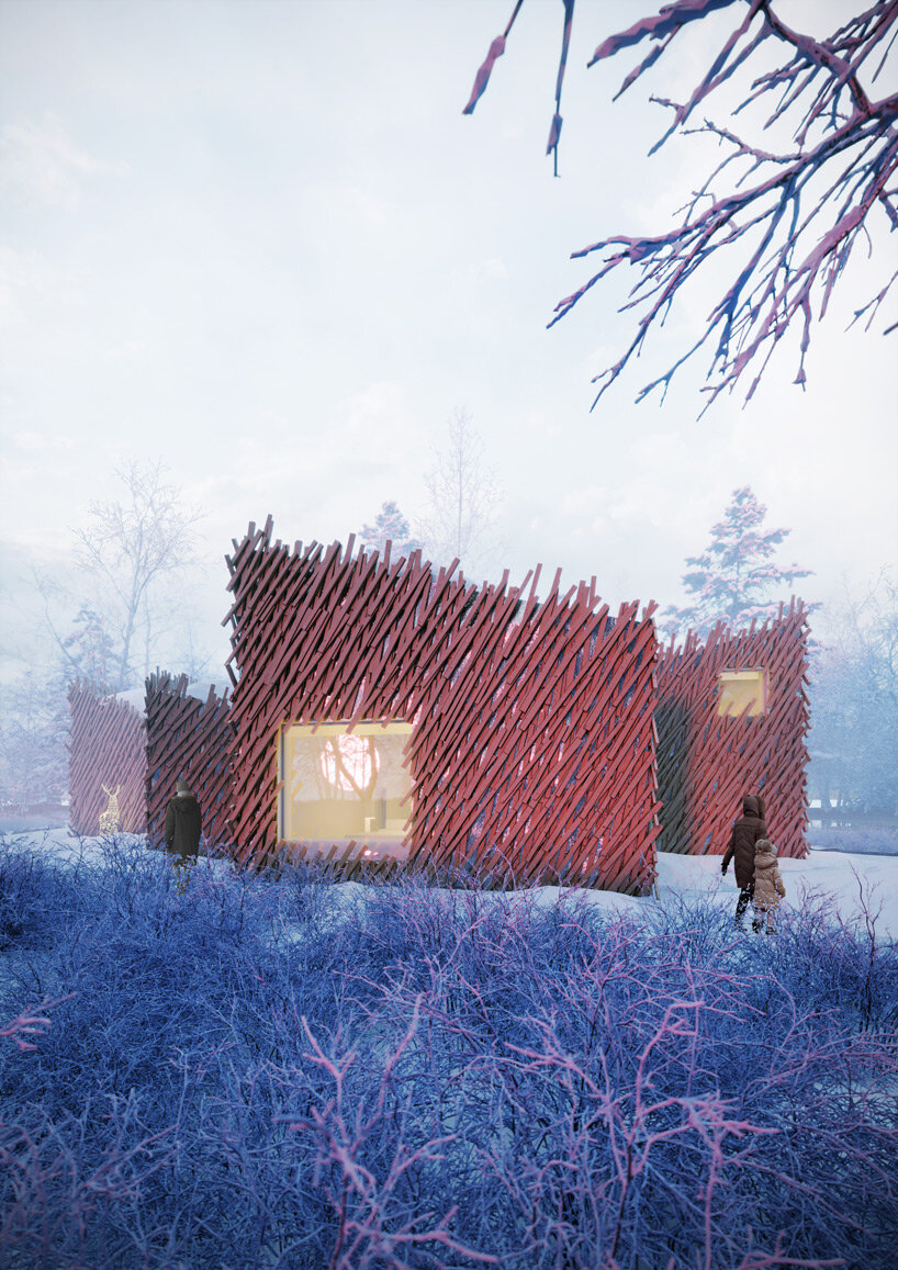 overlapping wooden slabs envelop syndicate architects' pavilion in rural switzerland