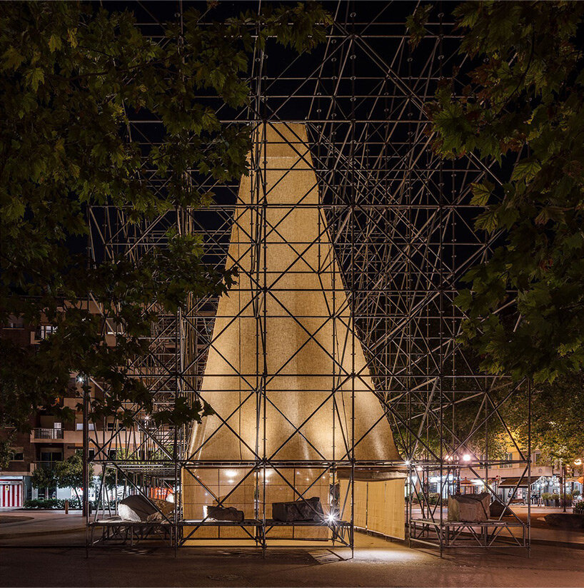 rising within a scaffold grid, P+S' AIRE pavilion creates a fragile atmosphere of air and light