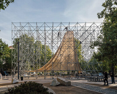rising within a scaffold grid, P+S' AIRE pavilion creates a fragile atmosphere of air and light