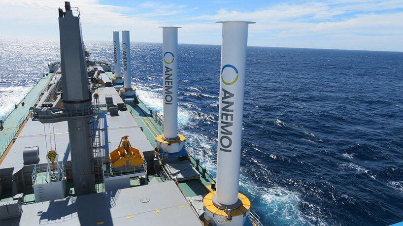 anemoi's mechanic rotor sails capture wind power to propel ships into a sustainable future