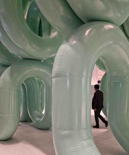 cyril lancelin's giant inflatable 'waterfall arches' cascade at hyundai store in south korea