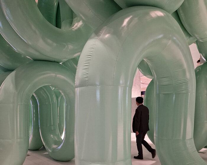 cyril lancelin's giant inflatable 'waterfall arches' cascade at hyundai store in south korea