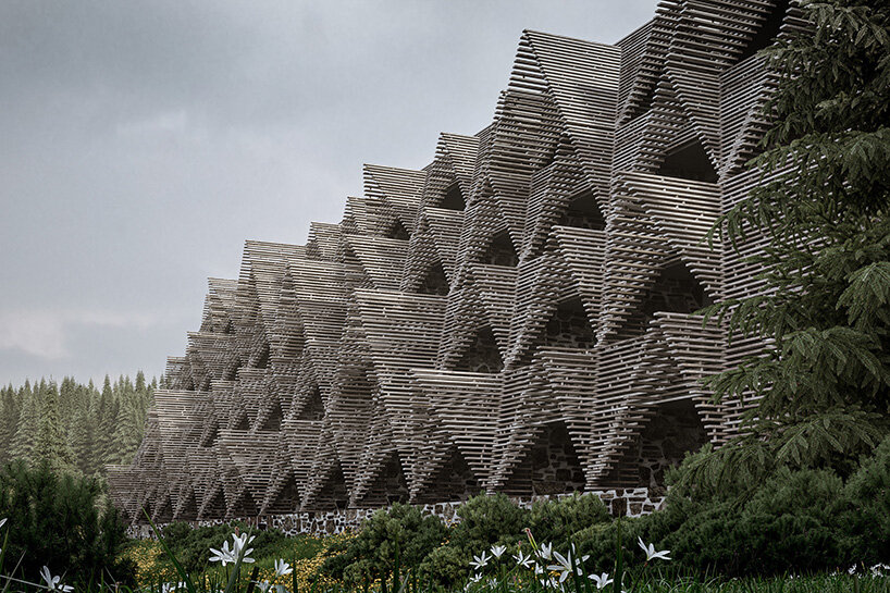 a stack of timber A-frames by enota extends slovenia's hotel natura