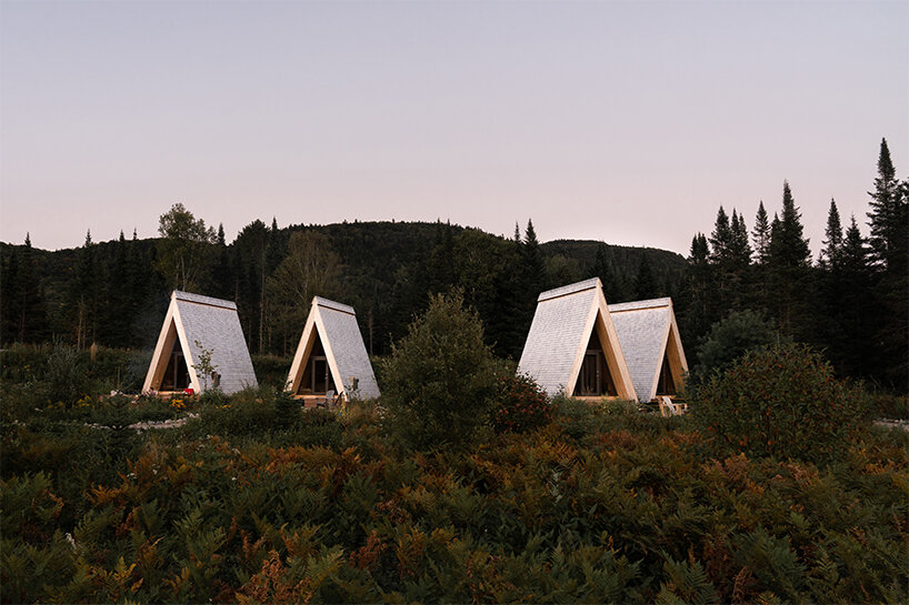 connected by a winding path, these A-frame micro cabins enliven the canadian woodland