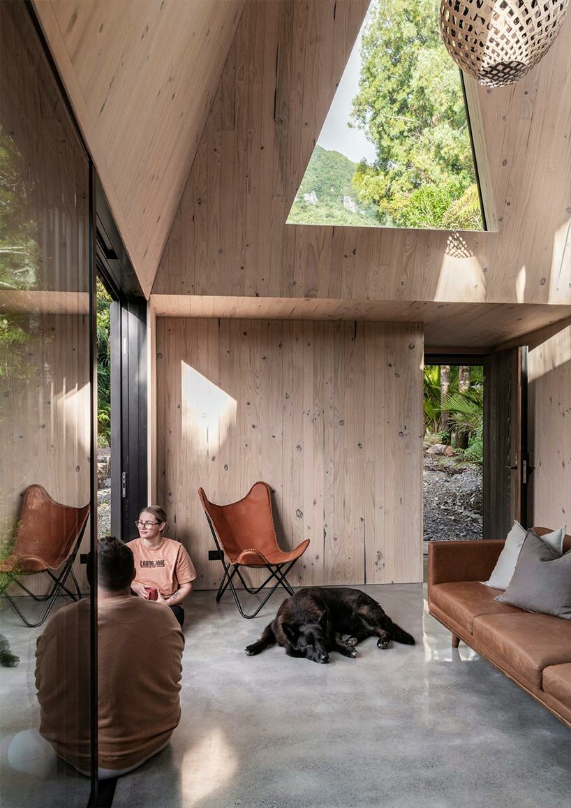 cut out skylights bring nature within biv cabin in new zealand