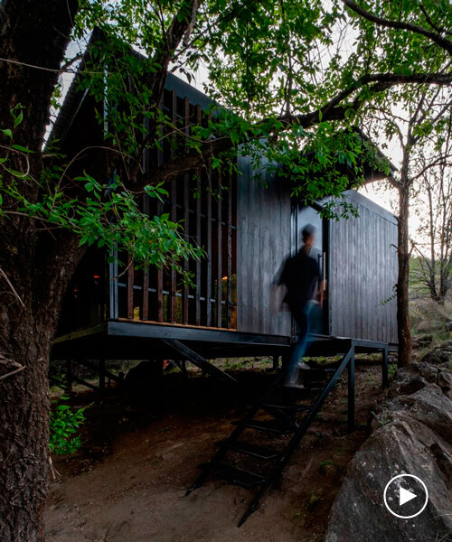 'little house on the river' forms an elevated shelter on a steep-sloping plot in argentina