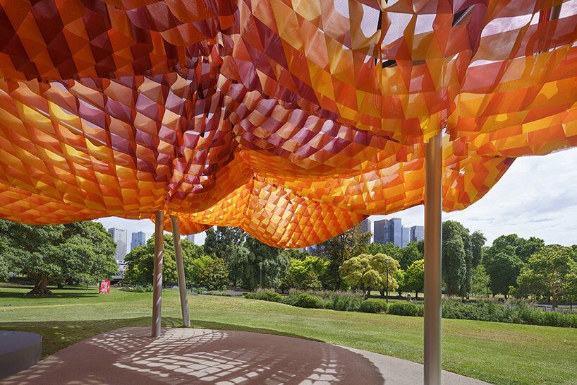 MPavilion 2022 welcomes guests to all(zone)'s vibrant waffle-like canopy