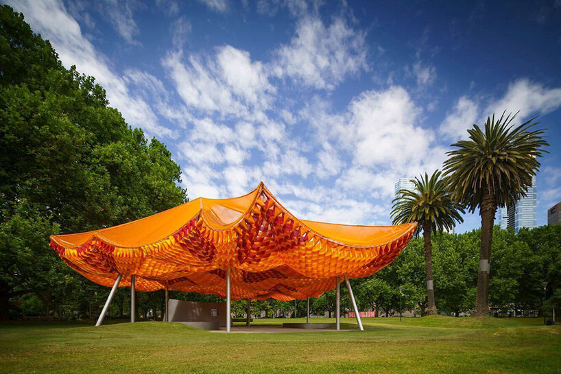 MPavilion 2022 welcomes guests to all(zone)'s vibrant waffle-like canopy